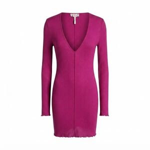 NEW‎ Intimately Free People Ribbed Deep V Neck Sheer Long Sleeve Dress Pink M